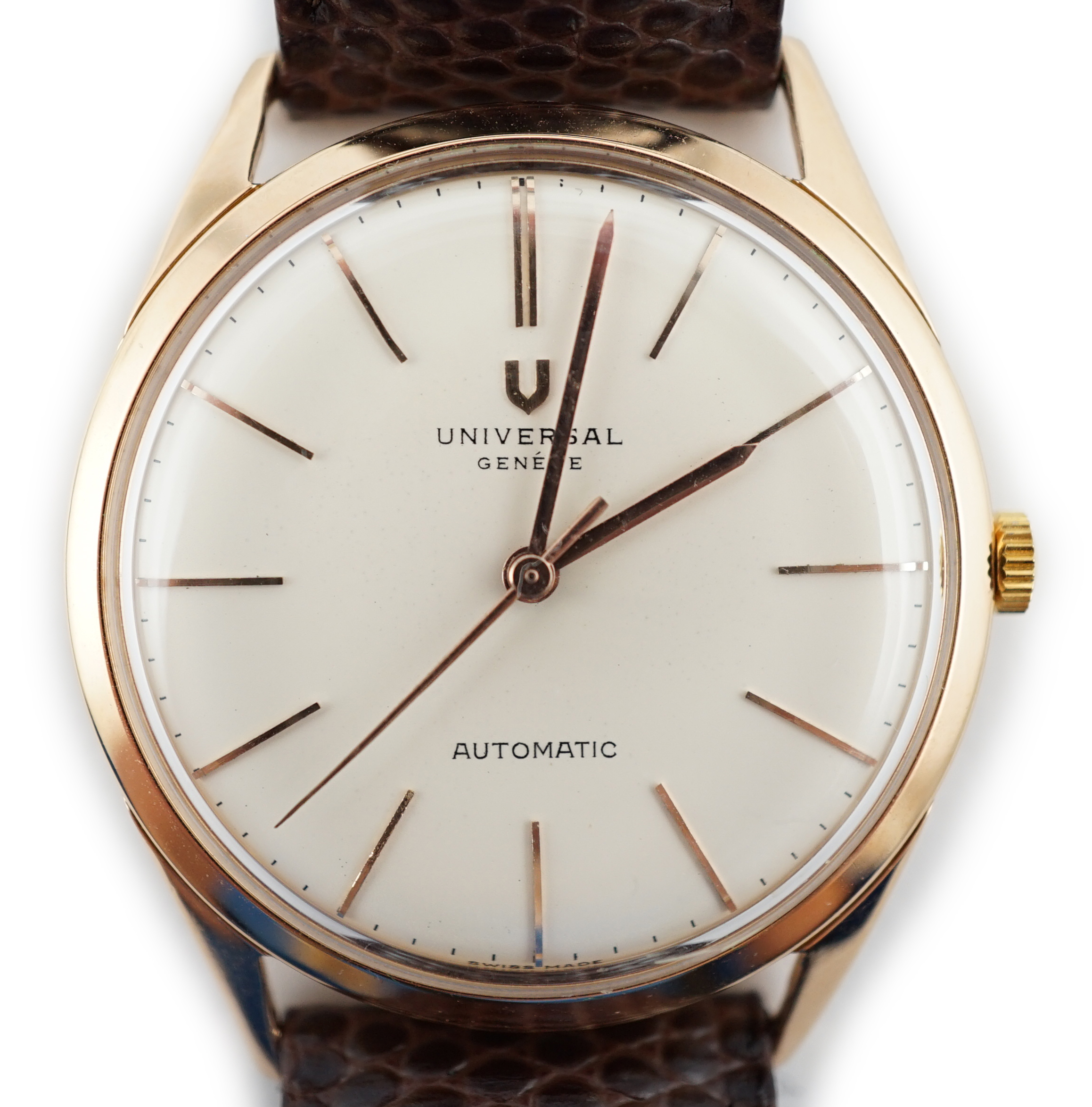 A gentleman's 1950's 18k pink gold Universal automatic wrist watch